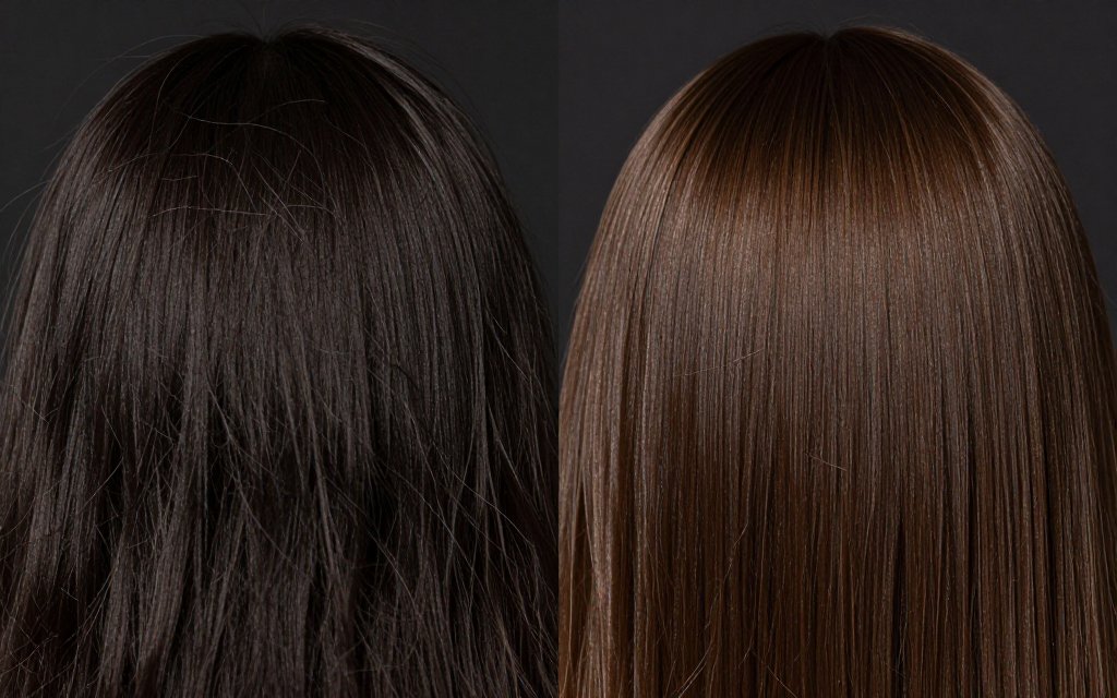 Before and after comparison showing smoother shinier hair strands treated with rice water
