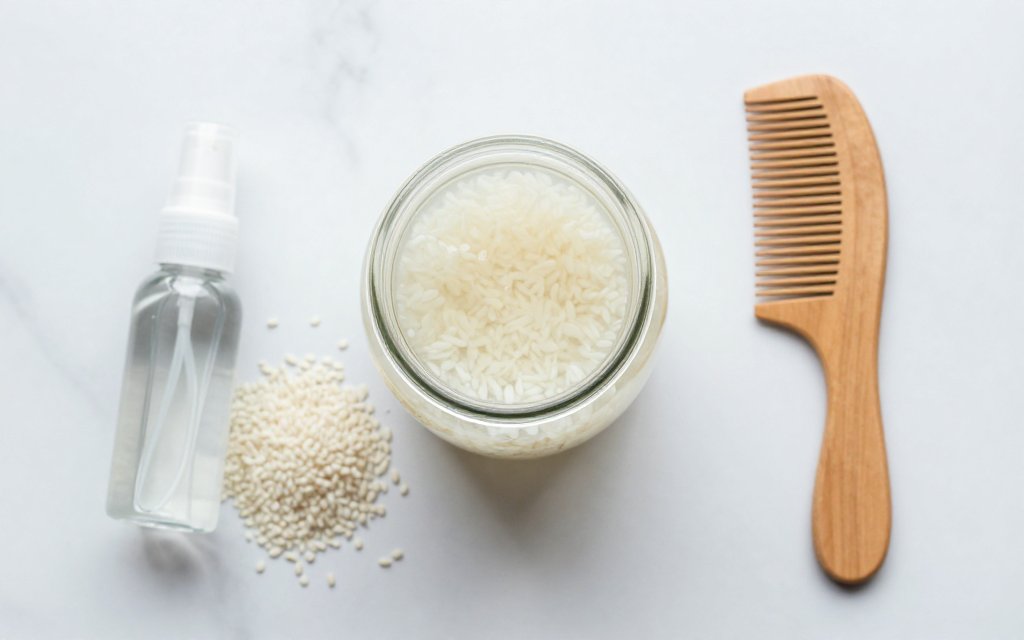 Flat lay of fermented rice water for hair with rice, a spray bottle, and a wooden comb