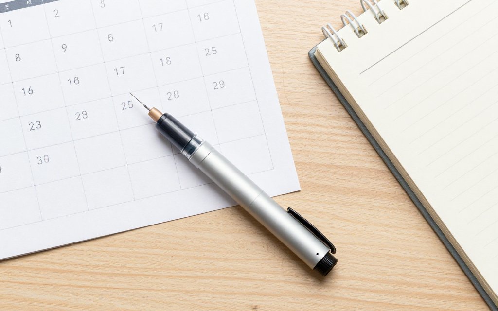 Flat lay of an injection pen and calendar tracking a weekly semaglutide dose timeline