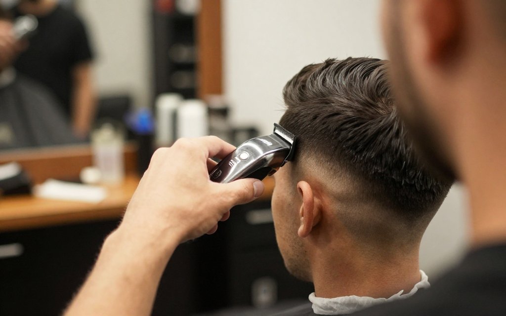 Barber blending a fade haircut with clippers in a barbershop