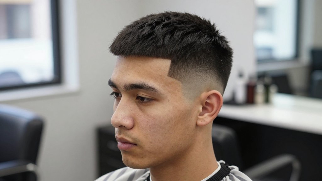 Man with a fresh low taper fade haircut and clean blended sides in a barbershop