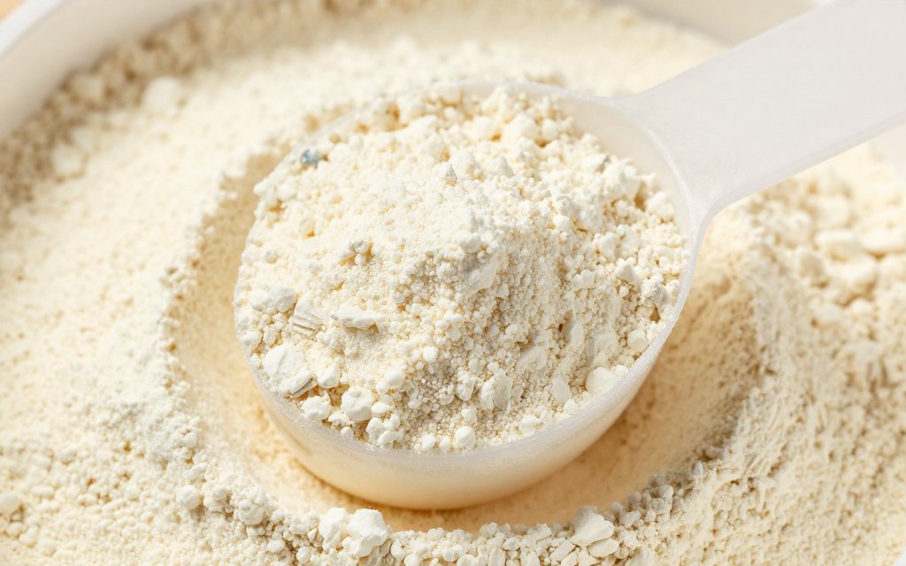 Macro view of a level scoop of protein powder showing fine powder grains