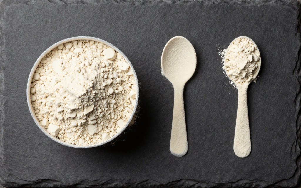 A scoop of protein powder next to two tablespoons of powder for comparison
