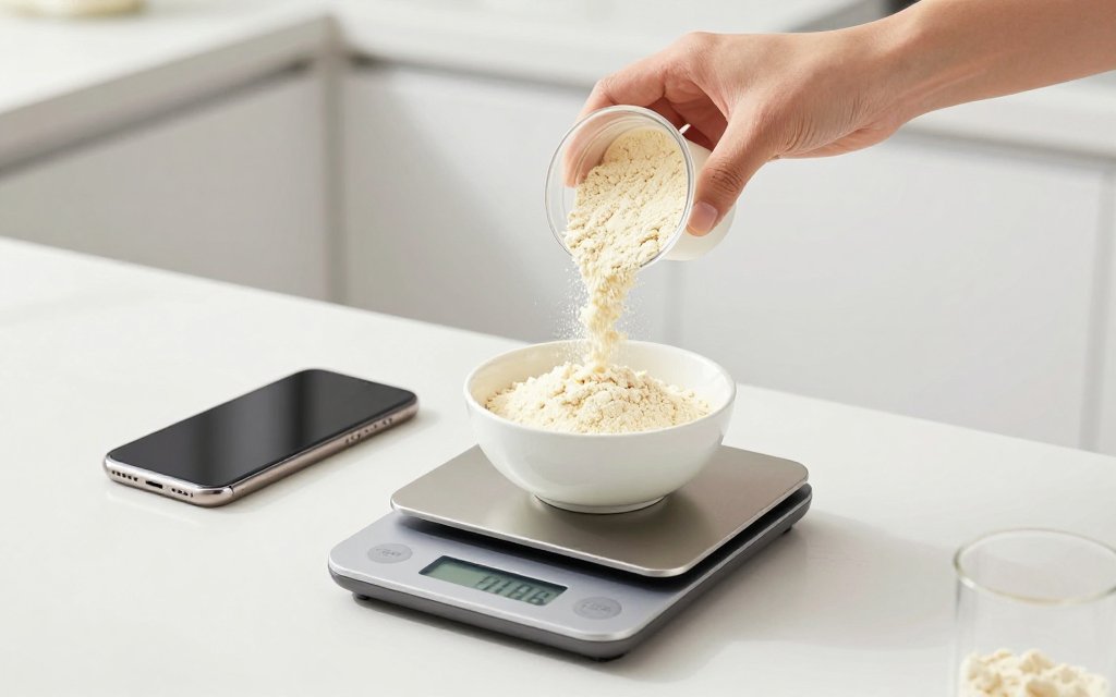 Weighing a scoop of protein powder in grams on a digital kitchen scale