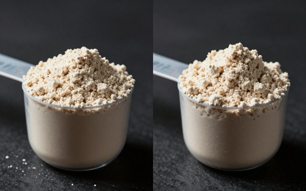 A level scoop of protein powder beside a heaping scoop for comparison