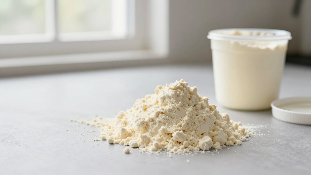 A heaped scoop of protein powder beside an open tub on a kitchen counter