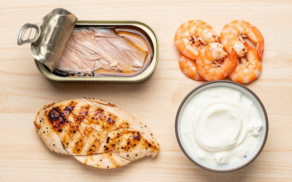 Top-down spread of high protein low calorie foods on a wooden table