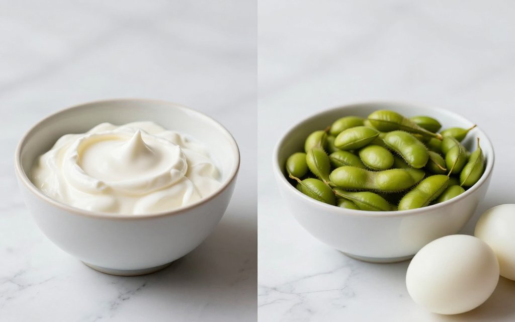 Greek yogurt, edamame and eggs shown as protein rich snacks for weight loss