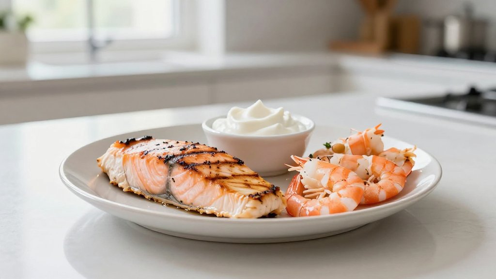 Plate of high protein foods for weight loss including grilled chicken, salmon and shrimp