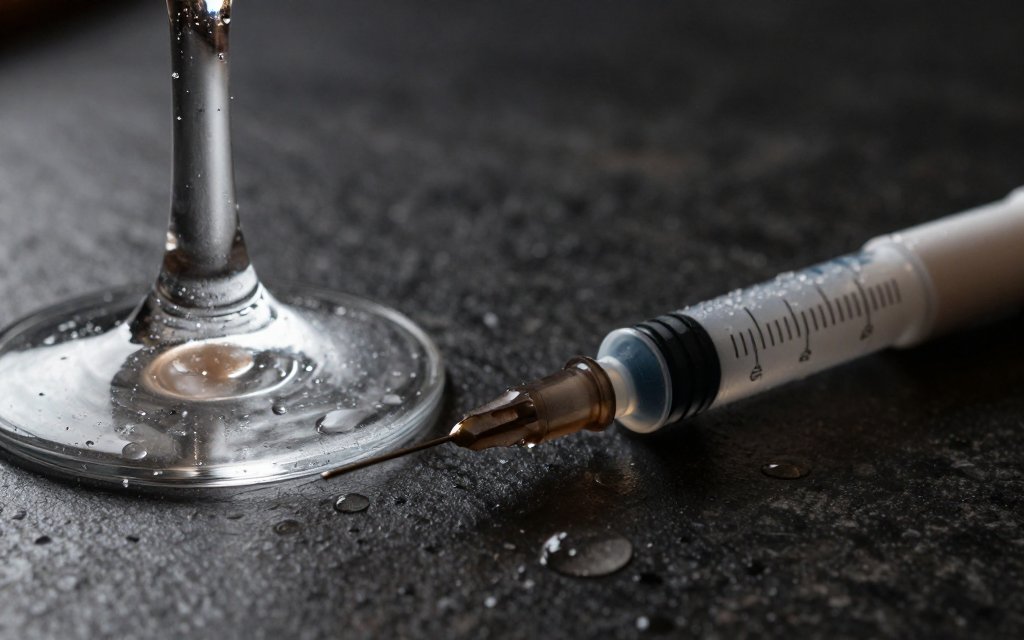 Macro of a chilled drink beside a GLP-1 pen showing ozempic and alcohol side by side