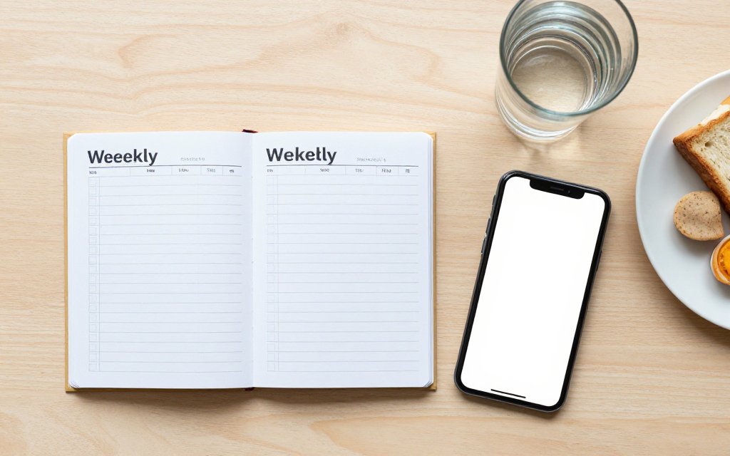 Flat lay of water, food and a phone tracker for drinking on Ozempic more safely