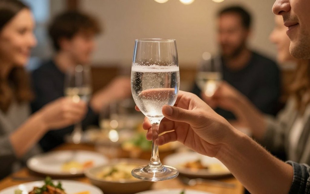 Person choosing sparkling water at dinner while managing ozempic and alcohol