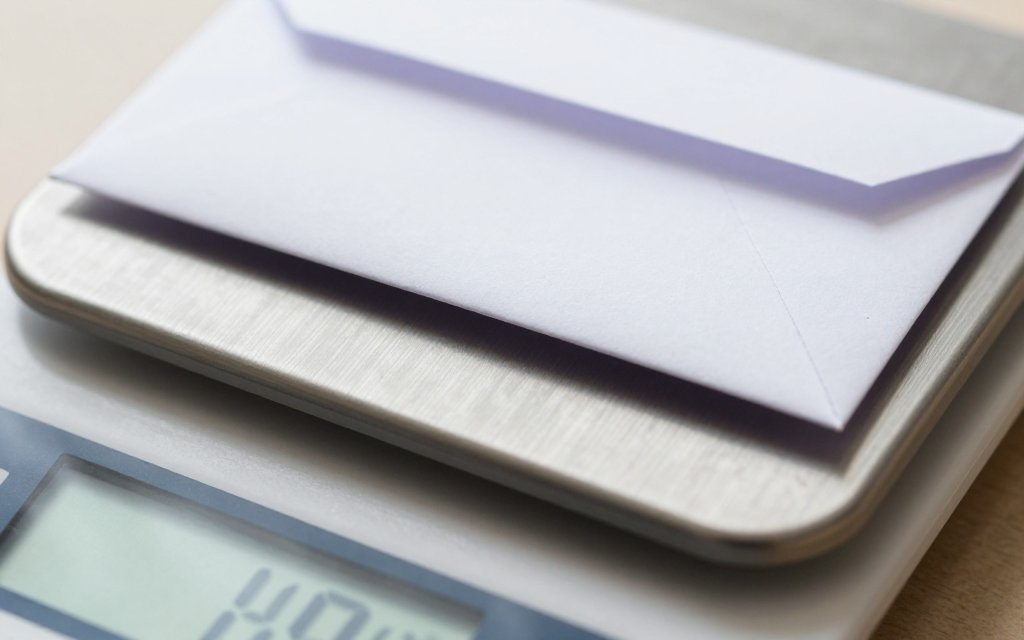 A sealed envelope on a kitchen scale, the one ounce line that decides how many stamps to mail a letter.