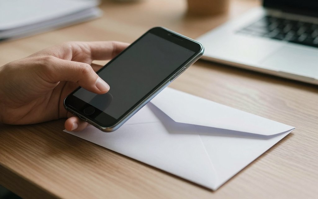 A phone held over an envelope to estimate its weight before buying postage stamps for a letter.