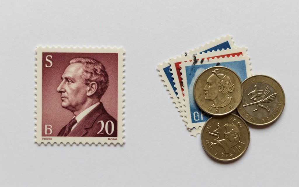 One stamp beside a stack of stamps and coins, showing the cost of overpaying on postage for a letter.