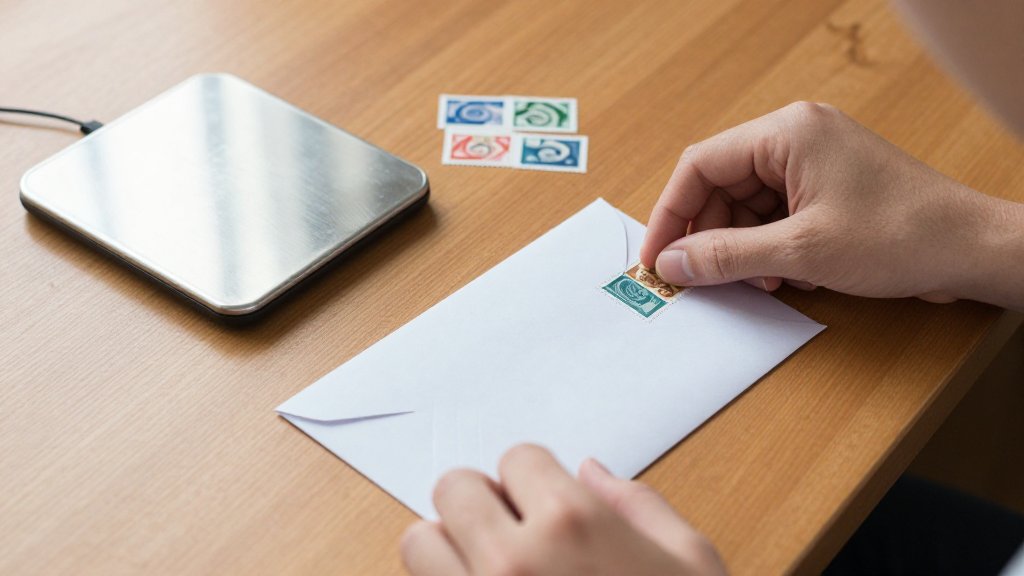 Hands placing a stamp on a white envelope beside a small scale, showing how many stamps to mail a letter.