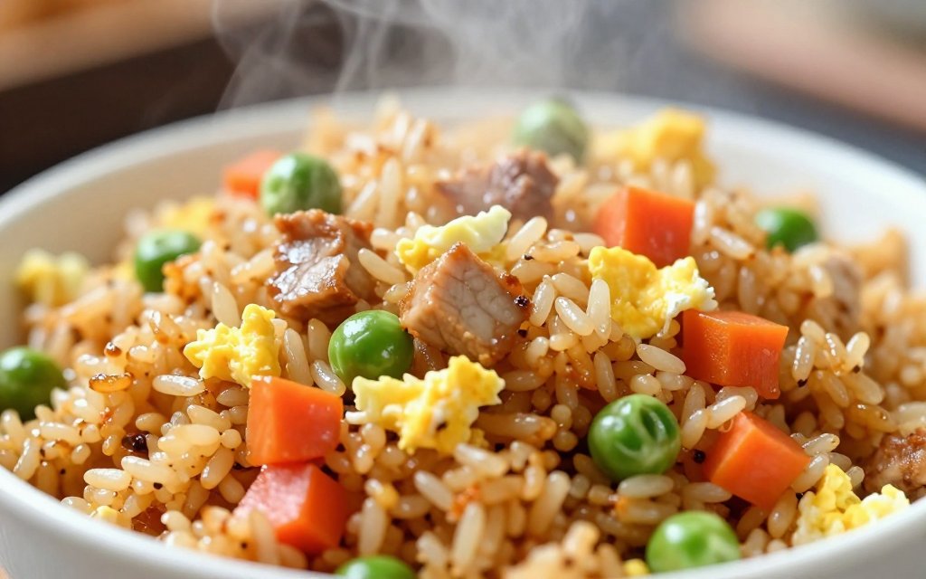Macro shot of a cup of fried rice illustrating fried rice calories per serving