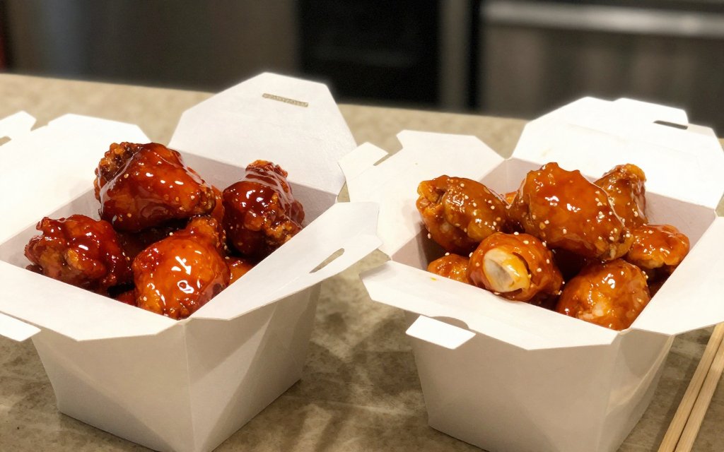 General Tso's and orange chicken in takeout cartons showing higher calorie Chinese food
