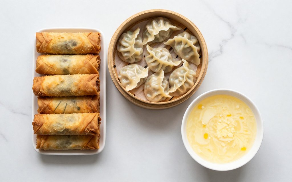 Top down view of egg rolls and dumplings for a look at egg roll nutrition facts