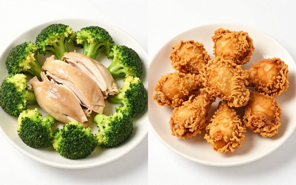 Steamed chicken and broccoli beside fried chicken showing healthy chinese food options
