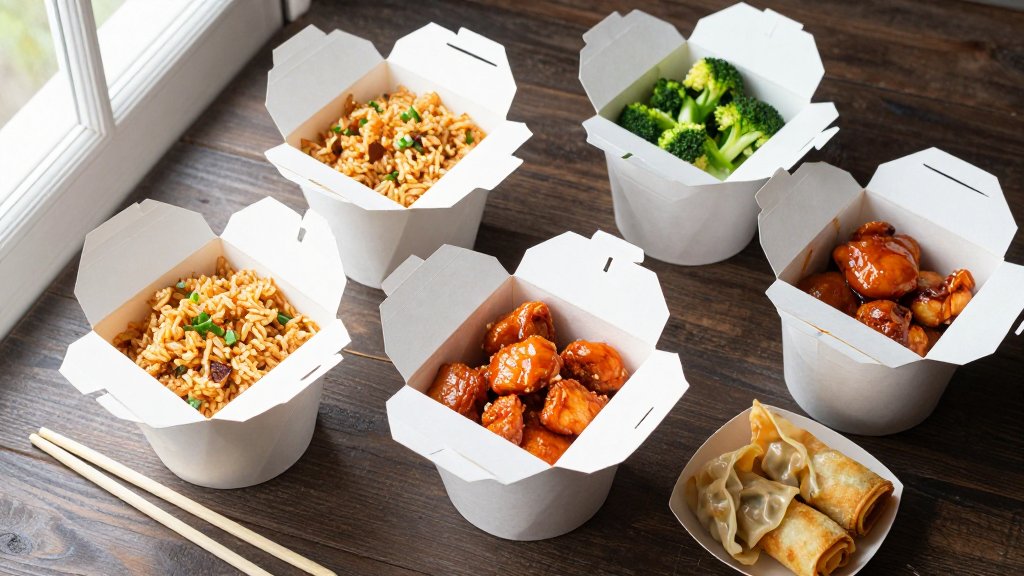 Spread of Chinese takeout cartons showing healthy chinese food options alongside higher calorie dishes