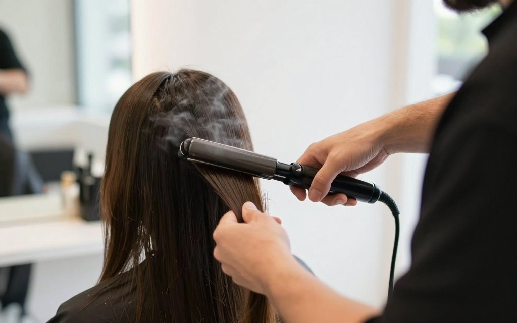 Stylist applying a keratin treatment with a flat iron in a salon