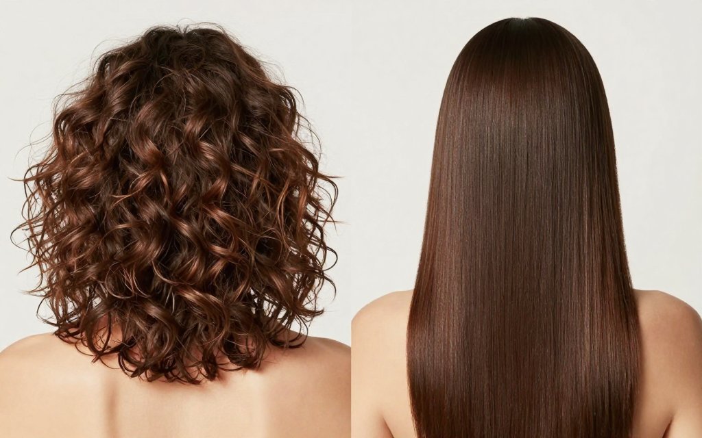 Before and after comparison of frizzy hair versus hair smoothed by keratin treatment