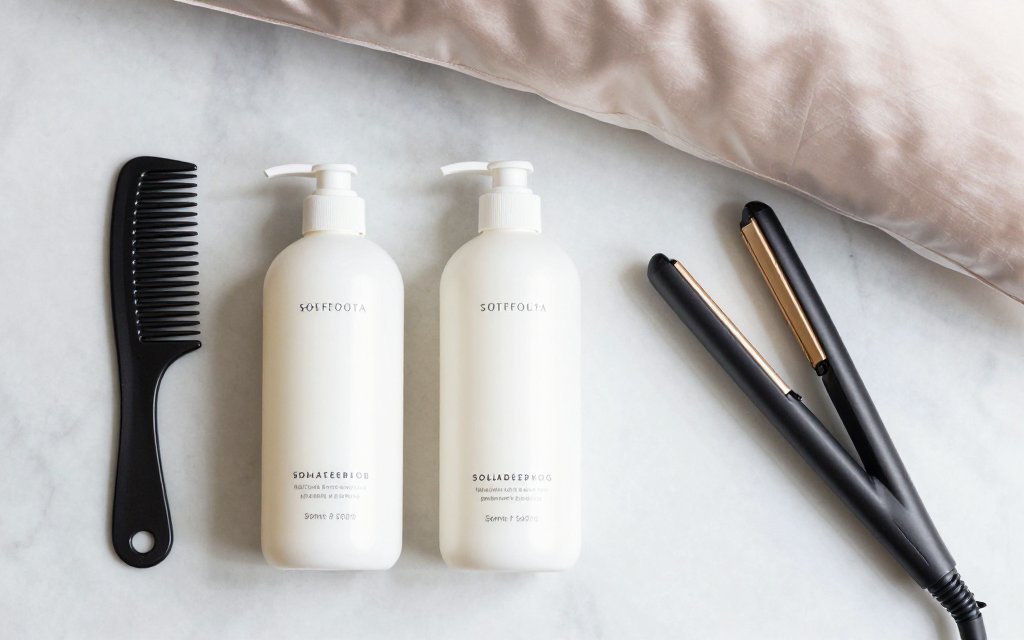 Flat lay of sulfate free shampoo and tools for keratin treatment aftercare