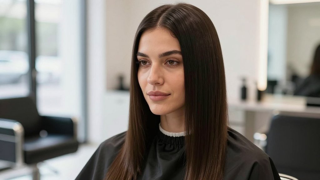 Woman with sleek smooth hair after a keratin treatment in a bright salon