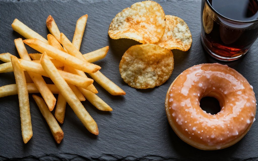 Flat lay of the Ozempic foods to avoid including fries, chips, a doughnut and soda