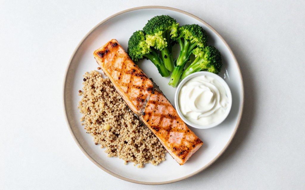 Overhead plate showing what to eat on Ozempic, salmon, quinoa and vegetables
