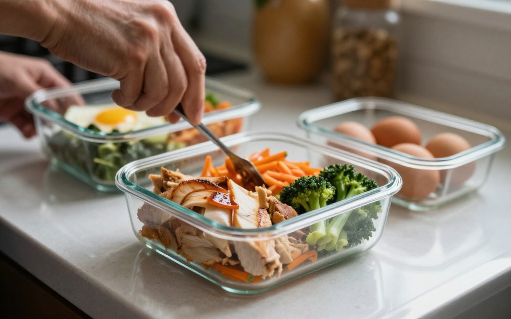 Person prepping a protein-first Ozempic meal plan in glass containers