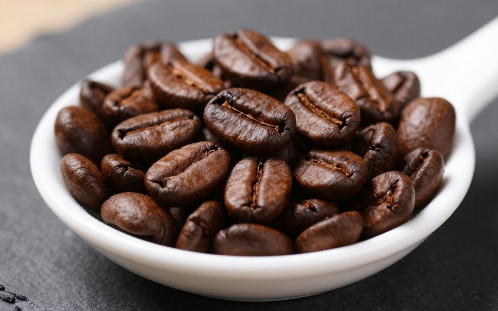 About 28 grams of coffee beans in a dish, showing how many grams in an ounce.