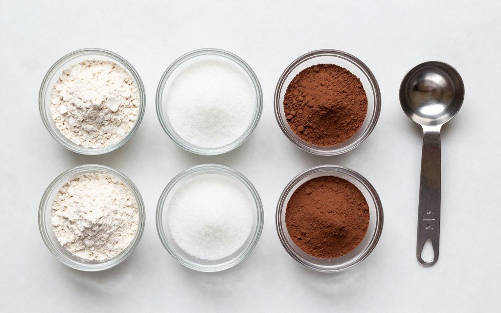 Top down baking ingredients arranged like a grams to ounces chart.