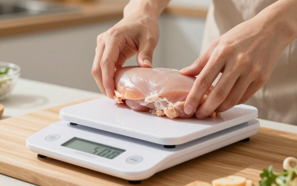 A chicken breast on a kitchen scale, showing 4 ounces in grams.