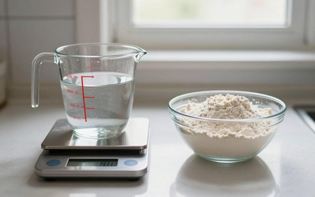 A measuring cup and a scale comparing fluid ounces and weight ounces.