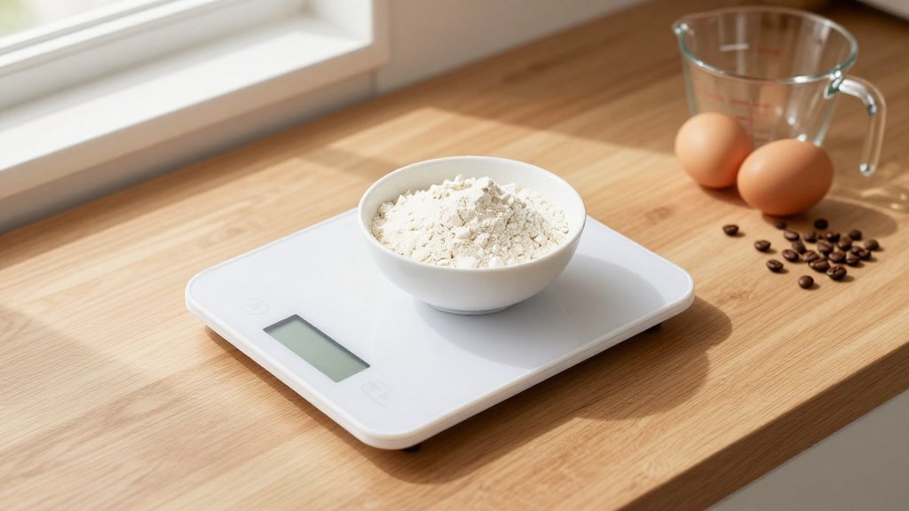 A digital kitchen scale with flour and eggs, illustrating grams to ounces conversion at home.