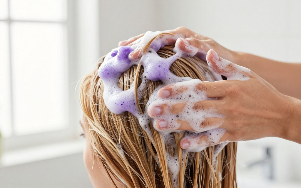 Violet toning lather worked into wet blonde strands over a sink