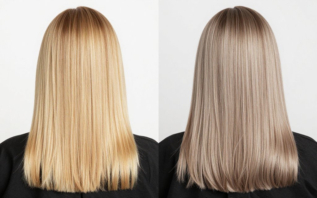 Before and after comparison of warm brassy blonde toned to cool ash