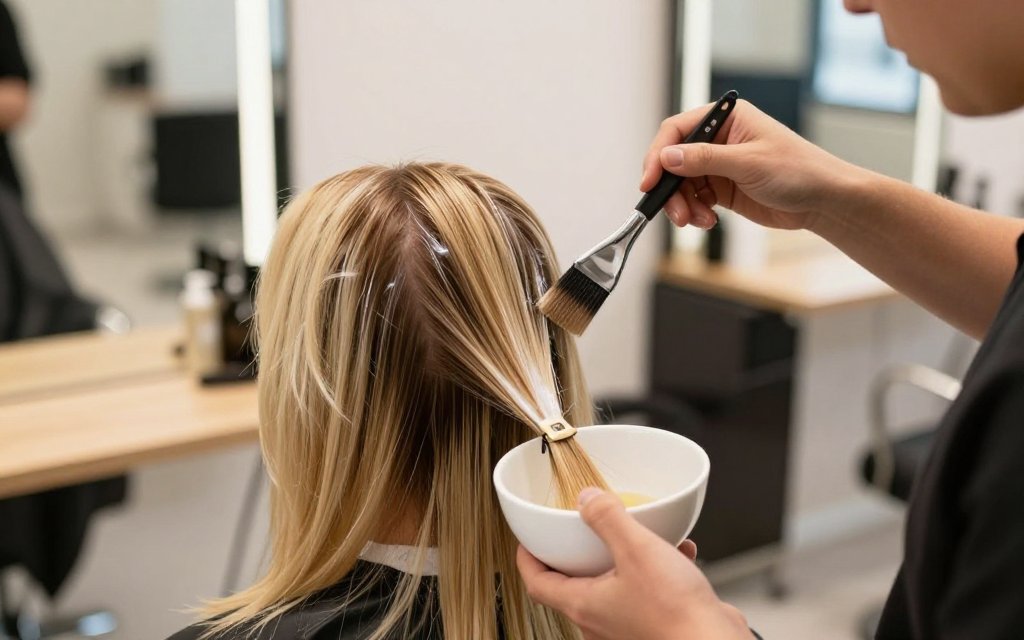 Colorist applying a toning gloss to a client's blonde hair in a salon
