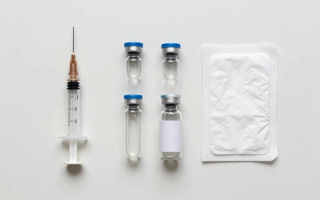 Flat lay of injection supplies beside a log for tracking retatrutide side effects