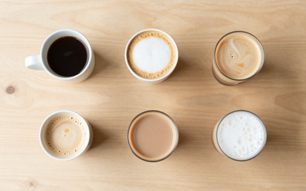 Top down flat lay of assorted drinks showing the lowest calorie Starbucks drinks next to richer ones