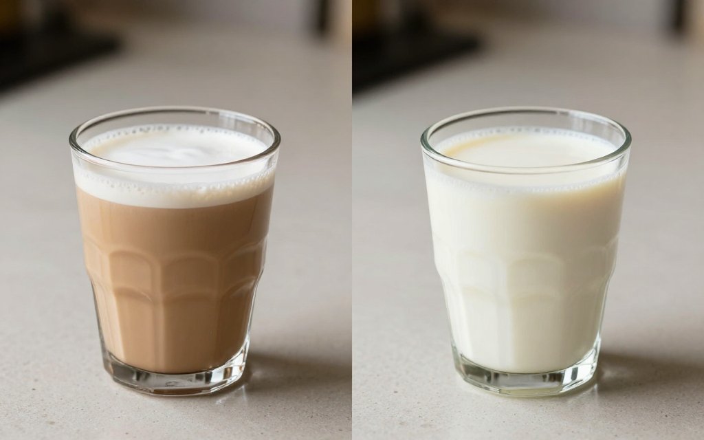 Two grande lattes side by side comparing whole milk and almond milk for Starbucks latte calories