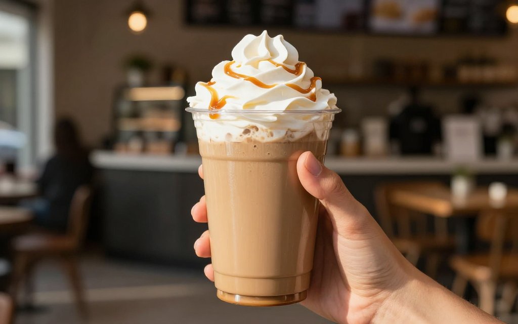 Hand holding a blended frappuccino with whipped cream showing high Starbucks frappuccino calories