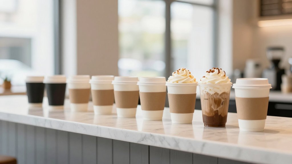 A row of coffee cups arranged from lightest to richest showing the Starbucks nutrition menu calorie range