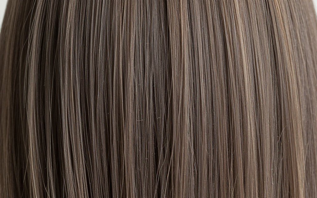 Close up of cool toned brown hair strands showing smoky gray ashy dimension