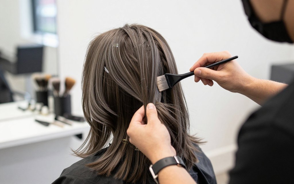 Colorist hand painting cool mushroom brown balayage onto brunette hair in a salon