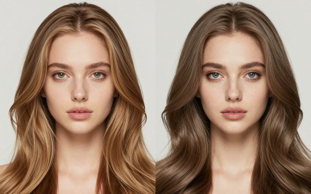 Before and after split showing warm brown next to a cool toned brunette shade