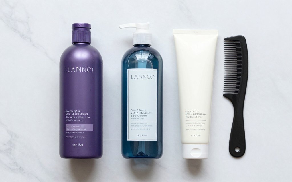Flat lay of purple shampoo and toner used to keep brown hair from going brassy