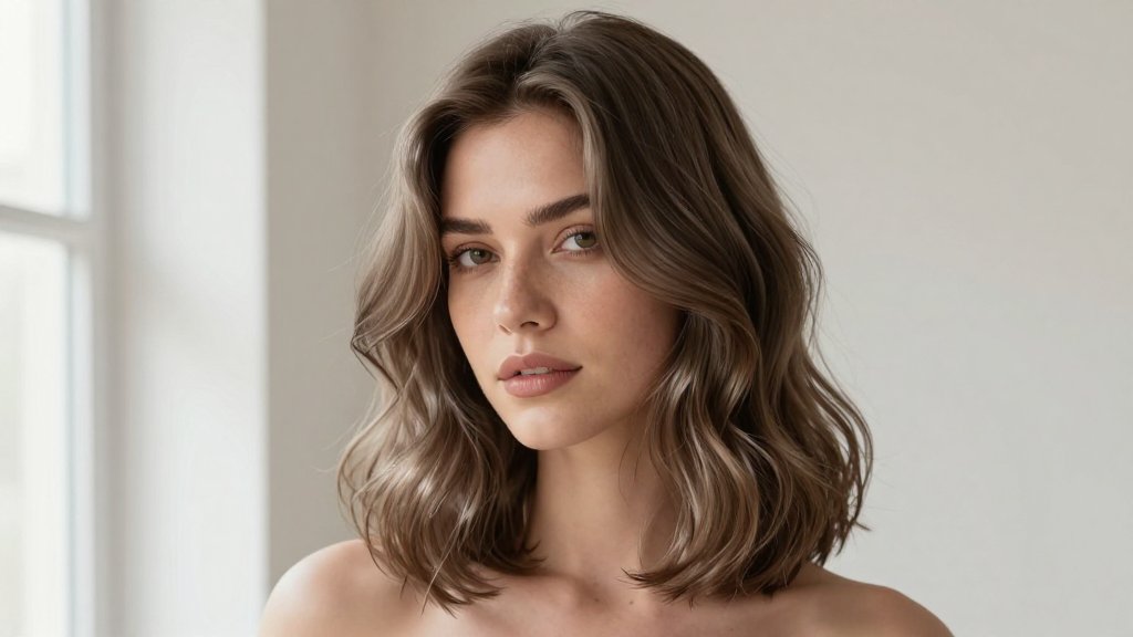 Woman with glossy ashy brown hair in soft loose waves showing a cool toned mushroom brown color